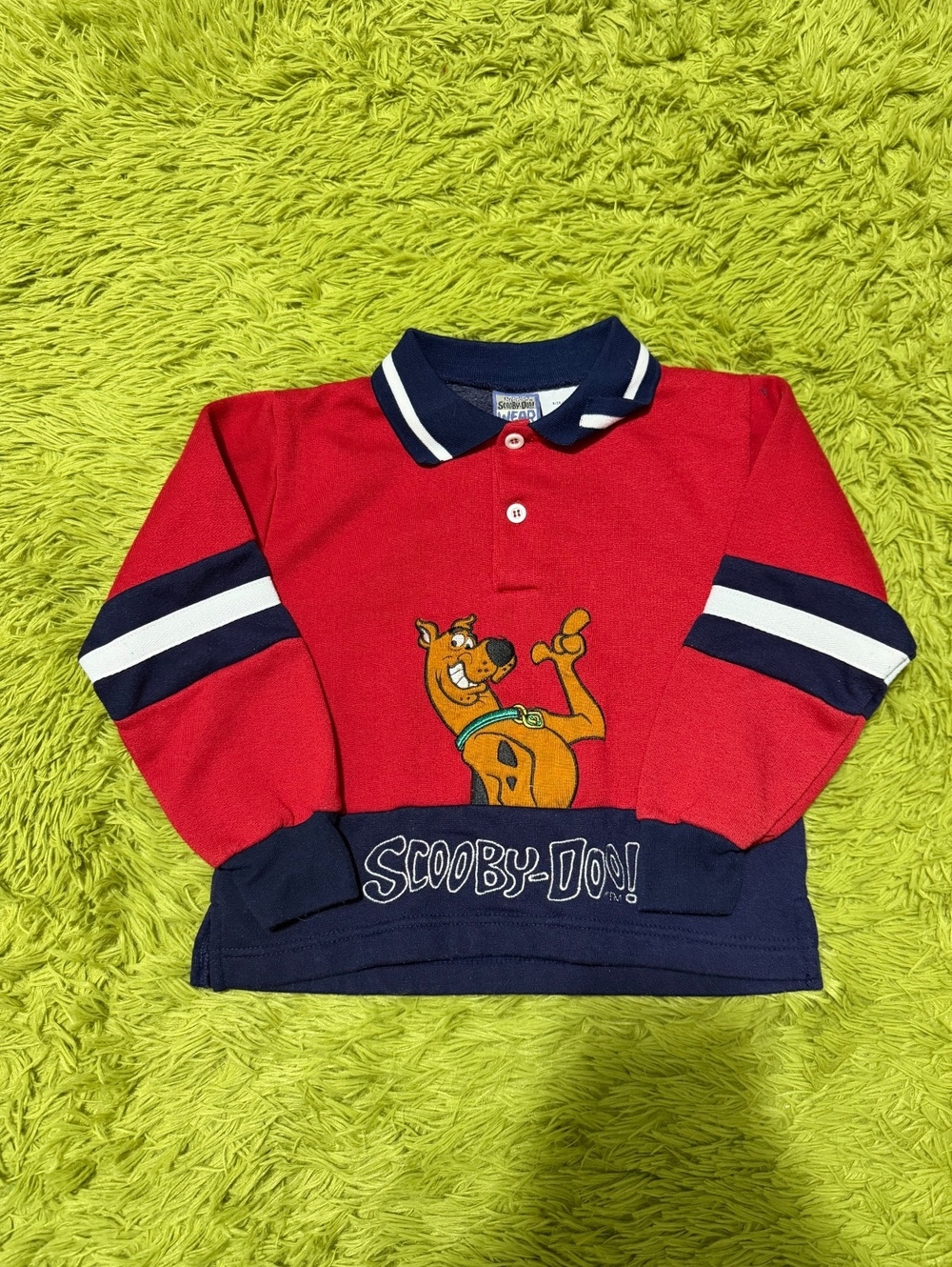 Vintage 90s Scooby-Doo Fleece Pullover Rugby Shirt Red Blue Kids Size 6 - Picture 1 of 3